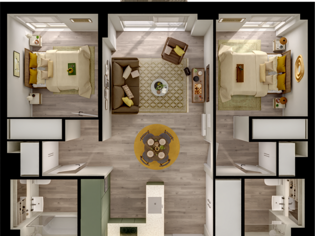 Elegant floor plan showcasing 2 bedrooms, an inviting living room, and a modern kitchen with an open dining area. Includes 2 bathrooms and a cozy balcony. Ideal contemporary layout for comfortable living.