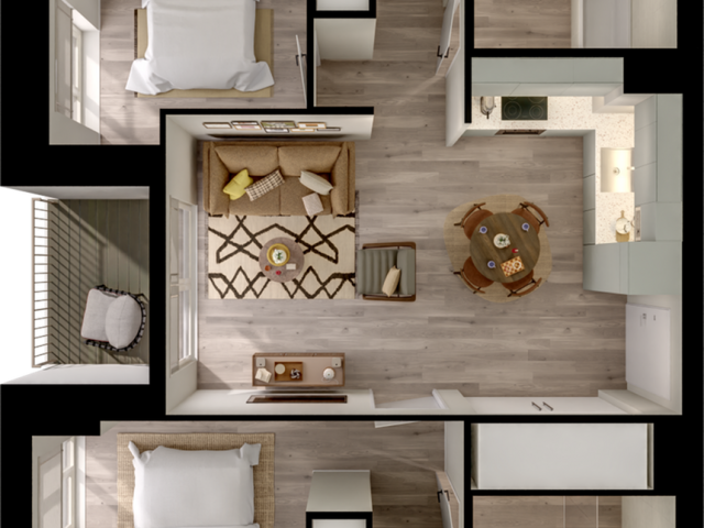 Modern apartment floor plan featuring two cozy bedrooms, an inviting open-concept living and dining area, a stylish kitchen, and two sleek bathrooms. Includes a charming balcony perfect for relaxing.