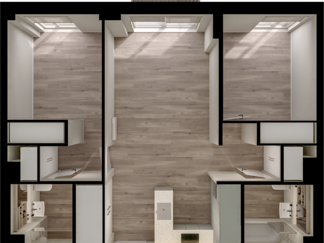 Contemporary floor plan featuring a spacious open layout with two bedrooms, elegant flooring, and a modern kitchen perfect for urban living.
