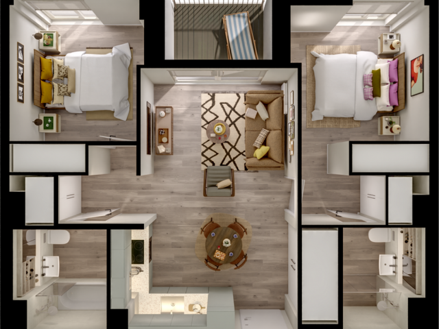 Modern 3D floor plan showcasing 2 cozy bedrooms, a stylish living area, and an open kitchen with dining space.
