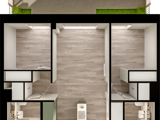 Modern floor plan featuring open-concept living space, sleek kitchen, two cozy bedrooms, and lush garden patio.