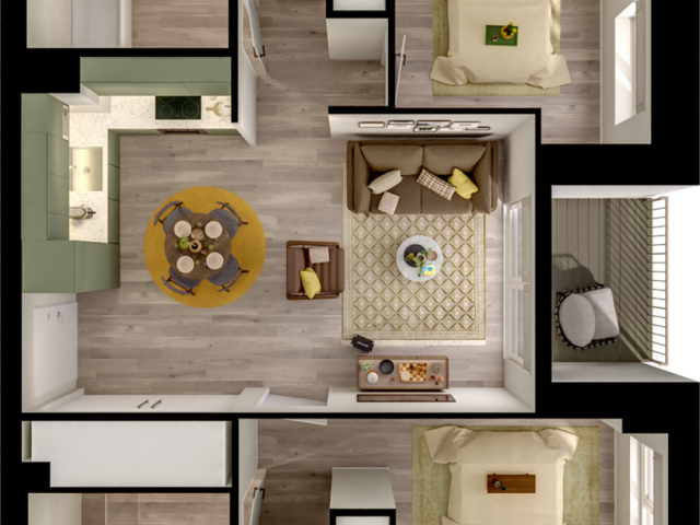 Modern 2-bedroom floor plan featuring a cozy living room, stylish kitchen, and two elegant bathrooms. Ideal open layout for comfortable living.