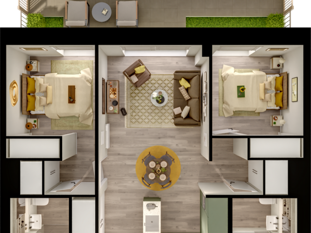 Modern 2D floor plan featuring 2 spacious bedrooms, an inviting living area, and a stylish kitchen with lush garden views.