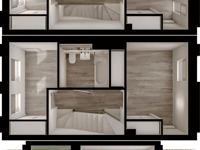 Modern 3D floor plan with three levels, showcasing staircases, spacious rooms, and a rooftop terrace with lush greenery.