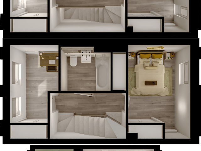 Elegant 3D floor plan showcasing two spacious bedrooms with plush interiors, a modern kitchen, and an inviting open-concept living area.