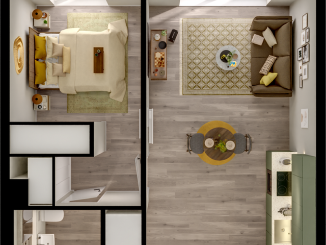 Modern 2D floor plan showcasing a cozy 1-bedroom apartment with an inviting living room, stylish kitchen, and elegant balcony view.