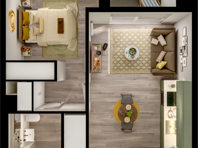 Chic floor plan highlighting a cozy bedroom, stylish open-concept living and dining area, modern kitchen, and private balcony retreat.
