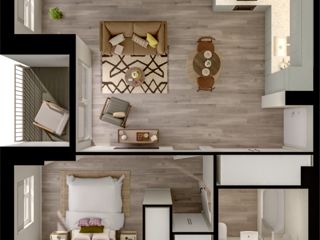 Modern floor plan showcasing one-bedroom apartment with open-concept living area, cozy kitchen, elegant dining space, and stylish balcony.