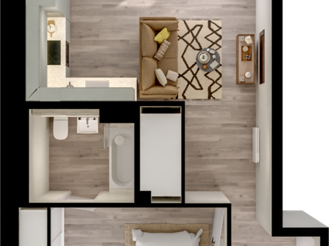 Contemporary floor plan showcasing a cozy 1-bedroom apartment with an inviting living area, sleek kitchen, stylish bathroom, and a charming balcony.
