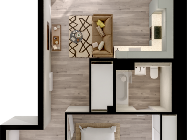 Chic 1-bedroom apartment floor plan with open-concept living and dining area, modern kitchen, cozy bedroom, stylish bathroom, and private balcony.