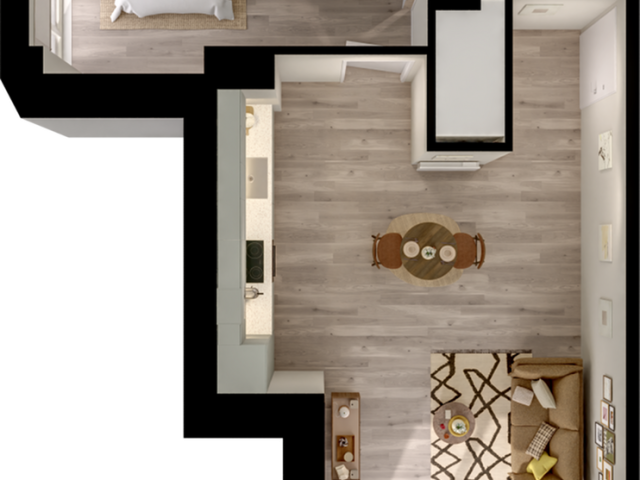 Chic 1-bedroom apartment floor plan featuring a cozy living room, modern kitchen, and stylish bathroom.