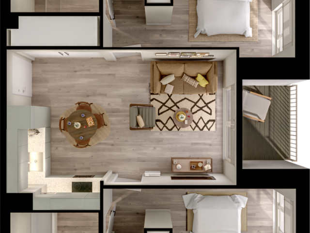 Elegant 2-bedroom apartment floor plan with an inviting open living area, modern kitchen, and cozy balcony.