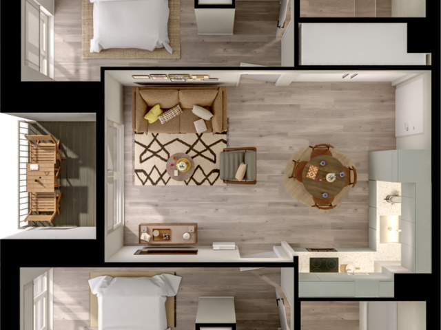 Elegant 3D floor plan showcasing 2 cozy bedrooms, a modern kitchen, stylish living area, and a chic bathroom.