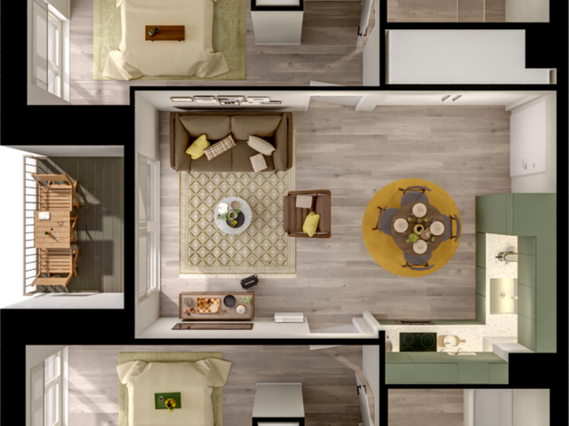 Chic apartment floor plan featuring two cozy bedrooms, a modern kitchen with dining area, inviting living room, and two sleek bathrooms.