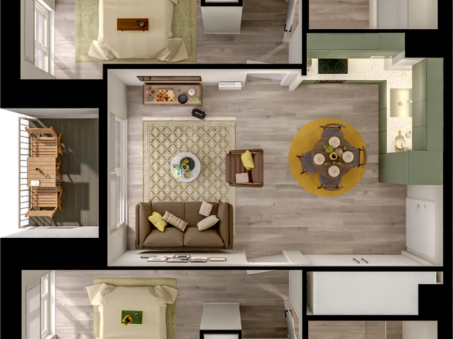 Elegant floor plan showcasing a modern 2-bedroom layout with open-plan living room, stylish kitchen, cozy balcony, and two well-appointed bathrooms.