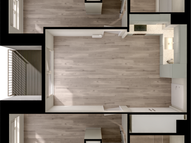 Modern floor plan showcasing two spacious bedrooms, an open living area, a sleek kitchen, and two elegant bathrooms, designed for style and comfort.