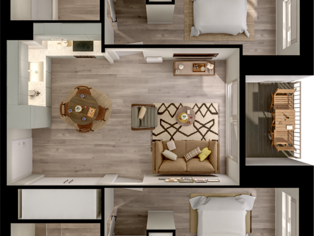 Modern 2D apartment floor plan with 2 cozy bedrooms, stylish open living area, and inviting kitchen, perfect for contemporary living.