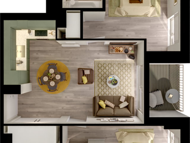 Beautifully designed floor plan showcasing 2 bedrooms, a cozy living room, modern kitchen, and two baths, perfect for comfortable living.