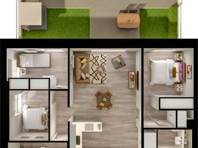 Modern floor plan showcasing a spacious 2-bedroom apartment with open-concept living and dining area, sleek kitchen, and a private outdoor patio.