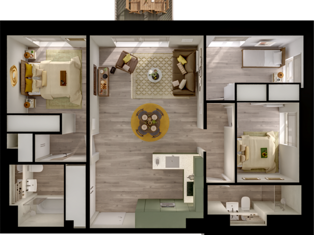 Elegant floor plan illustrating a modern apartment with two cozy bedrooms, an open-concept living and dining area, a contemporary kitchen, and a stylish bathroom, complete with a relaxing balcony space.