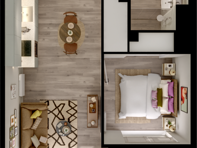 Charming floor plan featuring one cozy bedroom, sleek kitchen, inviting living area, and modern bathroom with stylish decor.