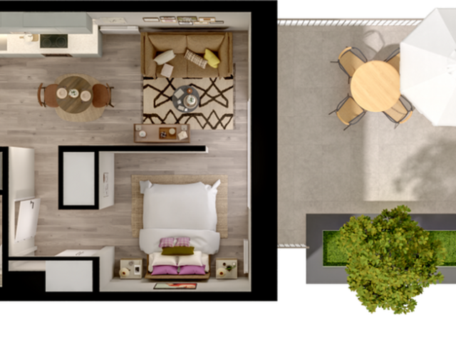 Charming floor plan featuring 1 bedroom, cozy living area, modern kitchen, and a spacious outdoor patio with garden.