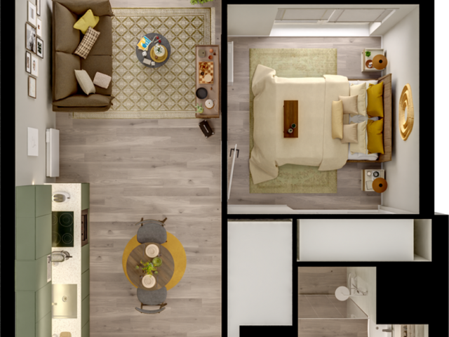 Modern 1-bedroom apartment floor plan with open kitchen, cozy living area, and elegant bathroom layout.