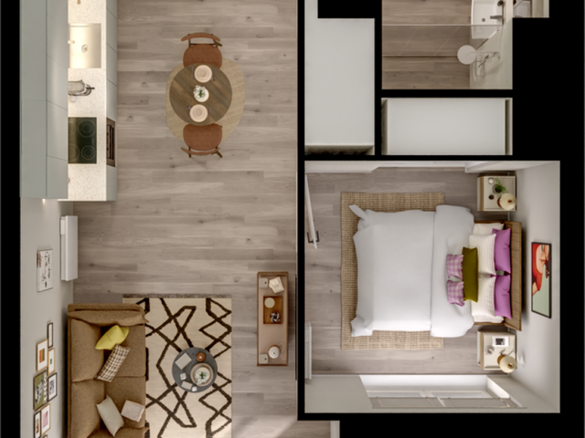 Modern floor plan featuring a cozy living room, sleek kitchen, elegant bedroom, and well-appointed bathroom.