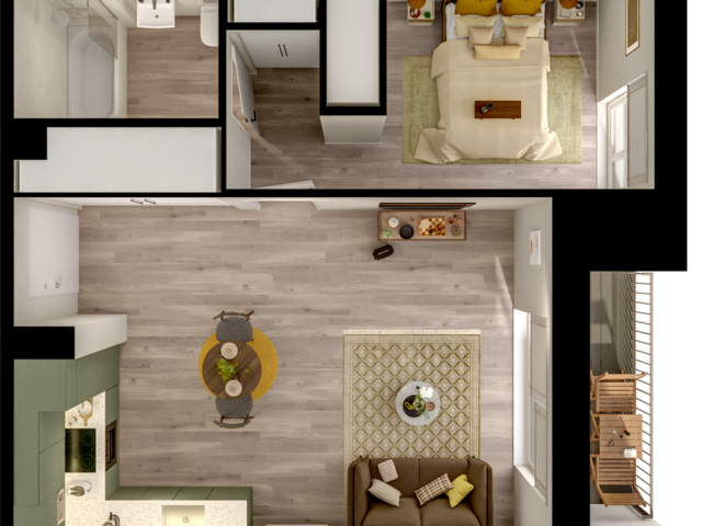 Elegant 1-bedroom floor plan featuring an open-concept living and dining area, modern kitchen, and cozy balcony with a stylish design.