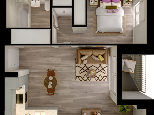 Modern 1-bedroom apartment floor plan with cozy living area, integrated kitchen, stylish bathroom, and inviting balcony.