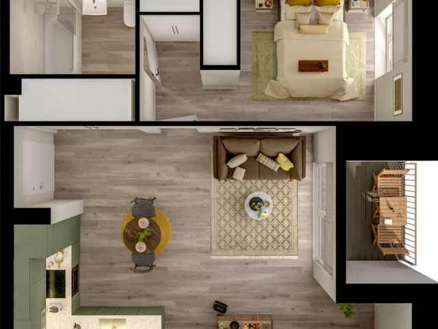 Elegant 2D floor plan featuring a cozy bedroom, modern kitchen, inviting living area, spacious bathroom, and a charming balcony.