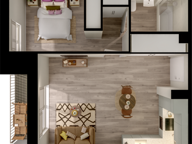 Contemporary apartment floor plan showcasing a spacious bedroom, modern bathroom, open-concept living room, and a stylish kitchen with dining area.