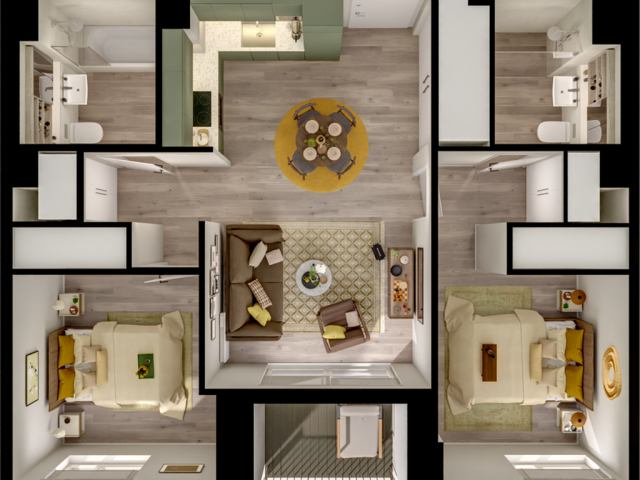 Contemporary 3D floor plan showcasing 3 bedrooms, 2 modern bathrooms, a chic open-plan living area, and a stylish kitchen with a cozy dining nook.