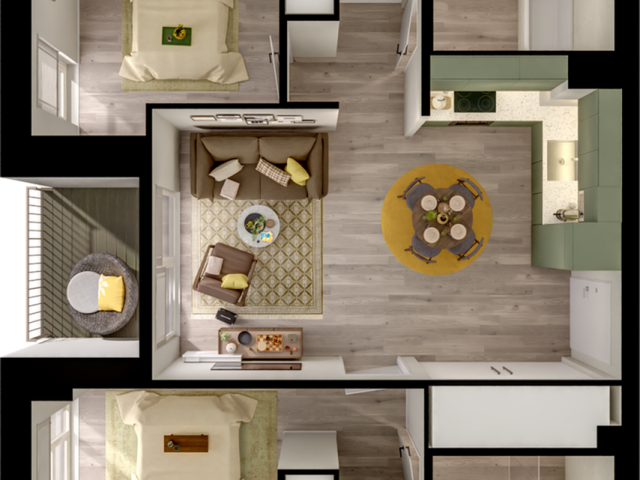 Elegant apartment floor plan showcasing two cozy bedrooms, a chic open-concept living area, and a modern kitchen with stylish decor.