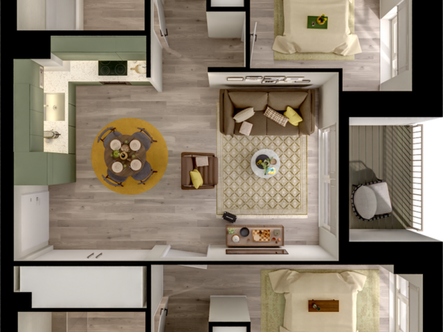 Charming 2D floor plan showcasing two cozy bedrooms, a sleek open kitchen, and inviting living space with stylish furniture.