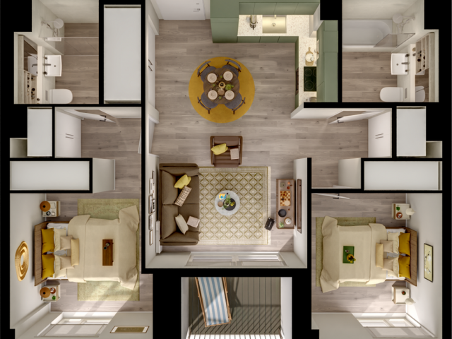 Modern 3D floor plan showcasing two cozy bedrooms, stylish living room, elegant dining area, and fully equipped kitchen, ideal for comfortable urban living.