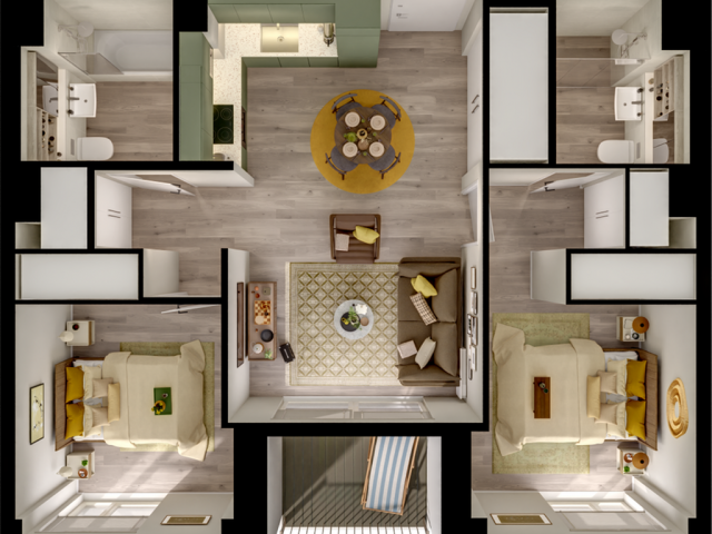 Charming 3D floor plan showcasing 2 cozy bedrooms, a stylish open living area with modern furniture, a fully equipped kitchen, and 2 sleek bathrooms. Ideal for those seeking comfort and elegance.