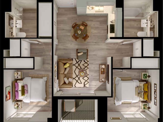 Modern 3D floor plan showcasing a spacious apartment with 2 cozy bedrooms, a stylish living room, and a contemporary kitchen area. Perfect for comfortable urban living.
