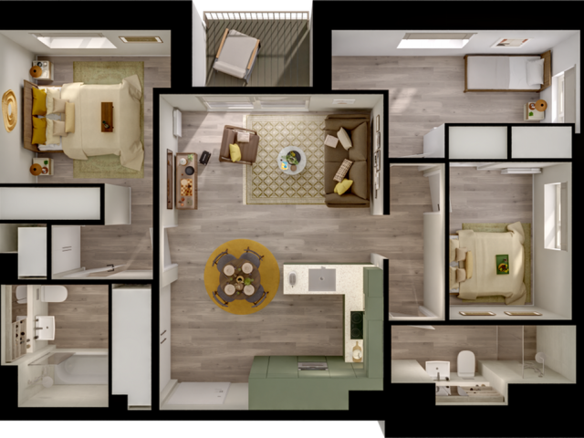 Chic 2D floor plan showcasing 3 bedrooms, an inviting open-concept kitchen, a cozy living area, and modern bathrooms.