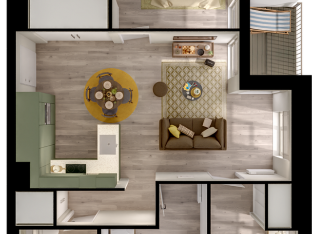 Contemporary 2D floor plan featuring two cozy bedrooms, a sleek kitchen, and a warm living area with stylish decor.