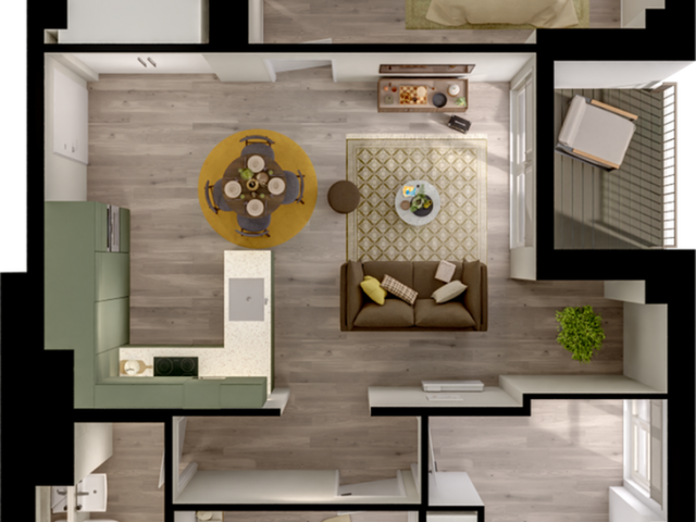 Chic floor plan showcasing 3 bedrooms, an open living and dining area, a modern kitchen, and a cozy balcony.