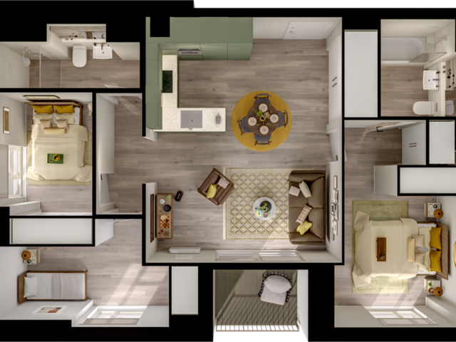 Inviting floor plan showcasing 3 cozy bedrooms, a modern kitchen, and a spacious living area designed for comfort and style.