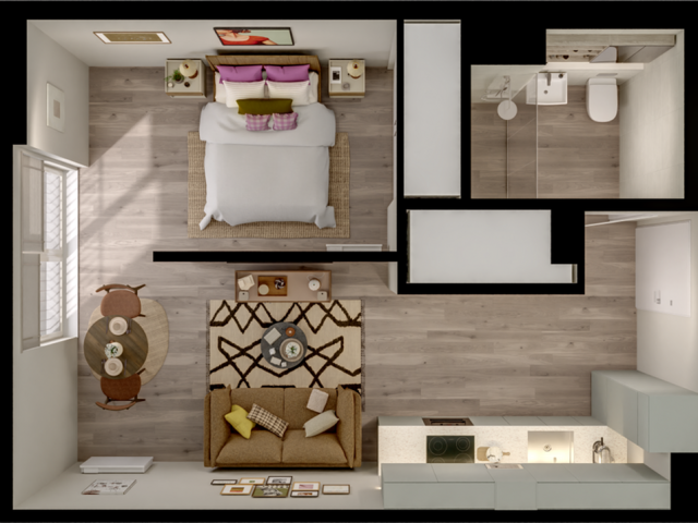 Chic and efficient 1-bedroom apartment floor plan with open-concept living area, cozy dining space, stylish kitchen, and modern bathroom.