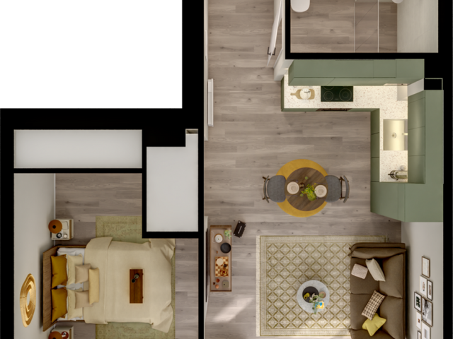 Modern apartment floor plan with cozy bedroom, sleek bathroom, stylish kitchen, and inviting living room.