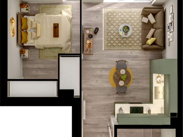 Modern 1-bedroom apartment floor plan featuring open-concept living and dining area, sleek kitchen, and stylish bathroom.