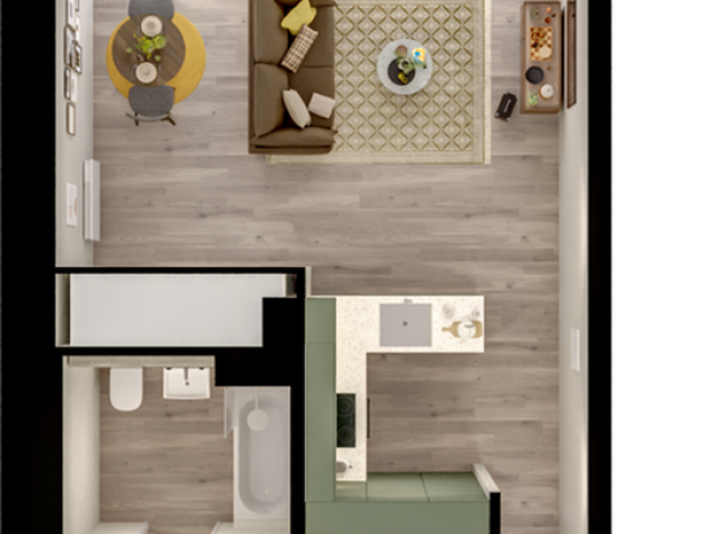Modern 2D floor plan with 1 bedroom, open living area, sleek kitchen, and private terrace.