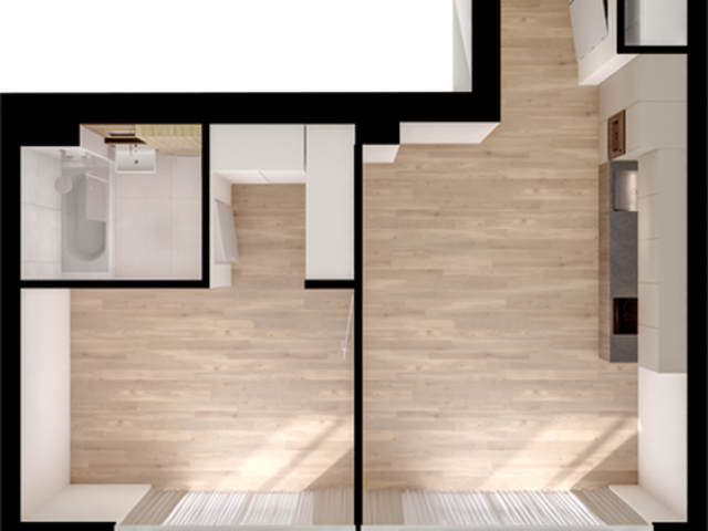 Modern 3D floor plan highlighting a spacious open-concept kitchen and living area, a cozy bedroom, and a sleek bathroom with elegant design.