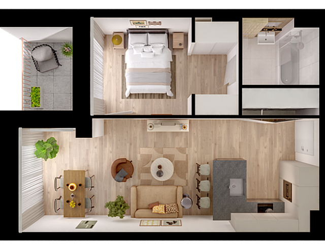 Chic apartment layout showcasing a modern open-concept living area, cozy dining space, stylish kitchen with breakfast bar, elegant bedroom, and compact balcony.