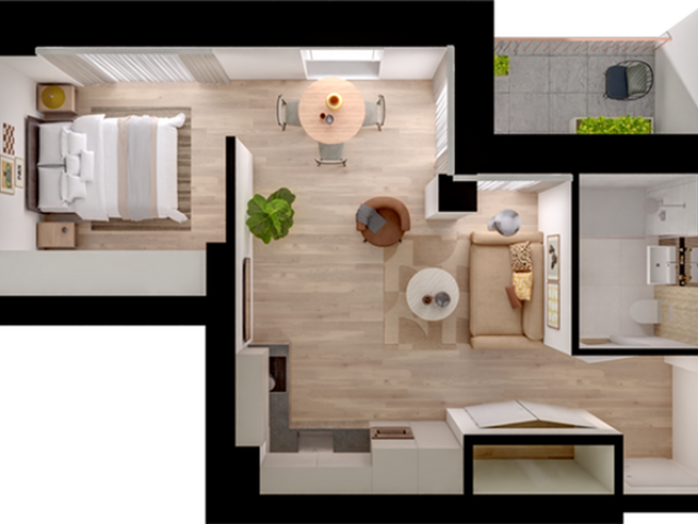Charming apartment floor plan featuring a cozy bedroom, stylish open-concept living area, modern kitchen, and a private balcony.