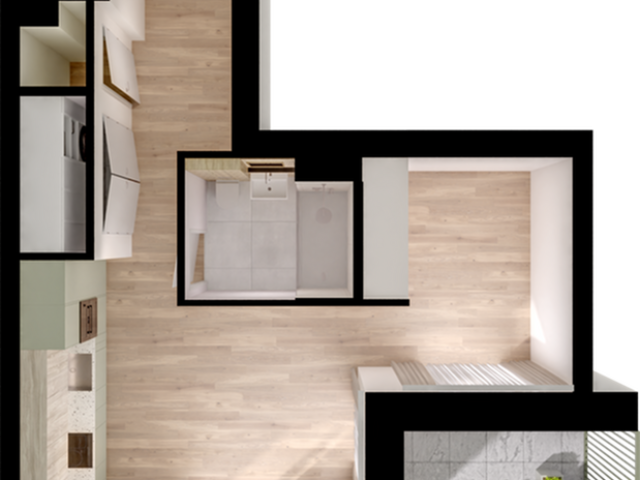 Modern 2D apartment floor plan featuring a spacious bedroom, sleek kitchen, cozy living area, and stylish bathroom.